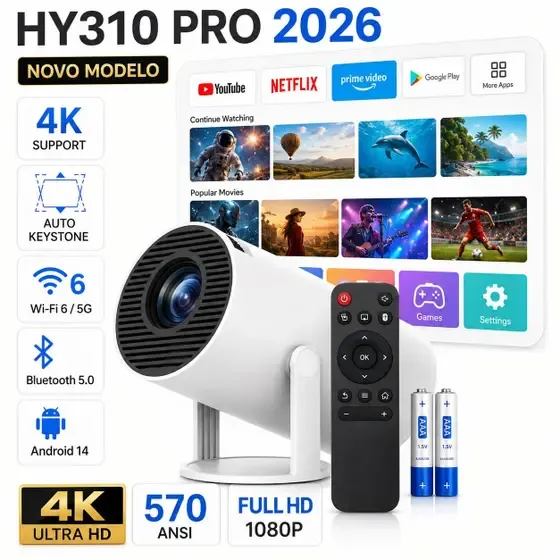 Projetor Inteligente Hy310 Pró 2026 Modelo Novo Grande 570 ANSI 1080P 5G Smart 4K Wifi 6 Bluetooth 5.0 Android 14