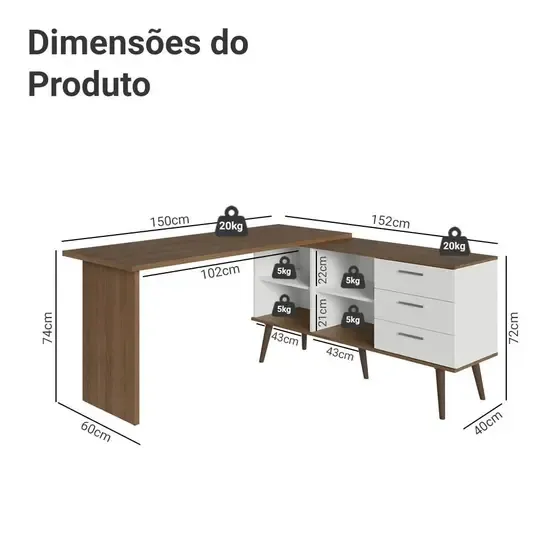 Escrivaninha Mesa de Escritório de Canto 3 Gavetas Branco