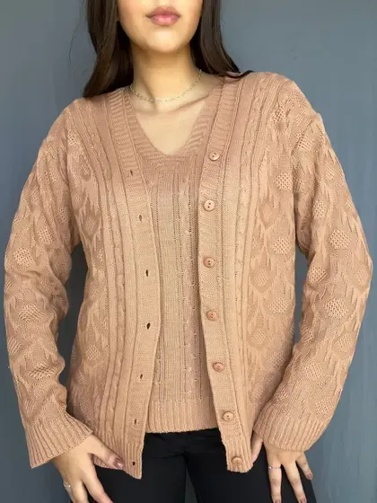 Conjunto Feminino Casaco e Blusa Twinset Tricot Malha Inverno Decote em V