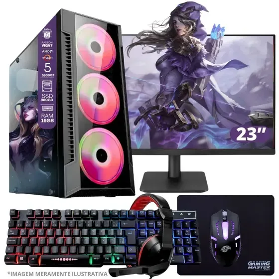PC Gamer AMD Ryzen 5 4600G, 16GB RAM, Placa de video Radeon Vega 7, SSD 960GB, Fonte 550W Monitor 23 LED 75hz Kit Gamer Completo